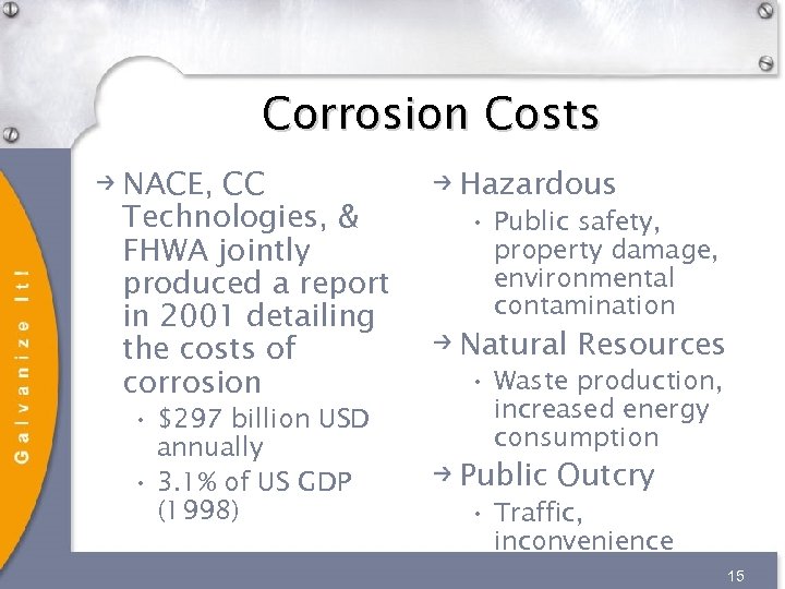 Corrosion Costs NACE, CC Technologies, & FHWA jointly produced a report in 2001 detailing