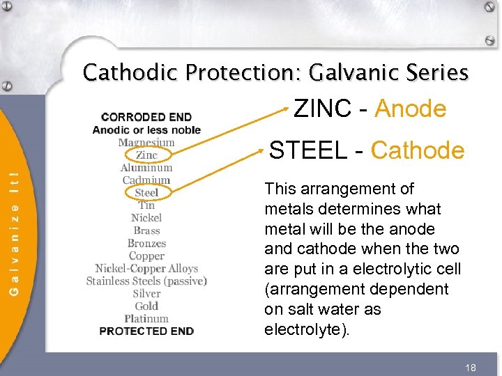 Cathodic Protection: Galvanic Series ZINC - Anode STEEL - Cathode This arrangement of metals