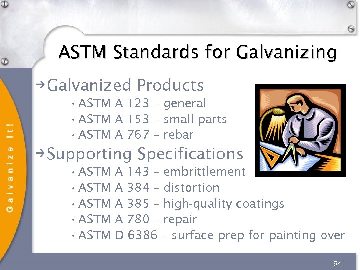 ASTM Standards for Galvanizing Galvanized Products • ASTM A 123 – general • ASTM