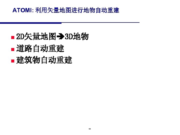 ATOMI: 利用矢量地图进行地物自动重建 2 D矢量地图 3 D地物 n 道路自动重建 n 建筑物自动重建 n 24 
