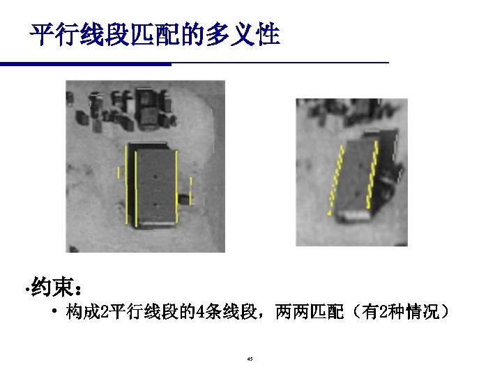 平行线段匹配的多义性 • 约束： • 构成 2平行线段的4条线段，两两匹配（有2种情况） 45 