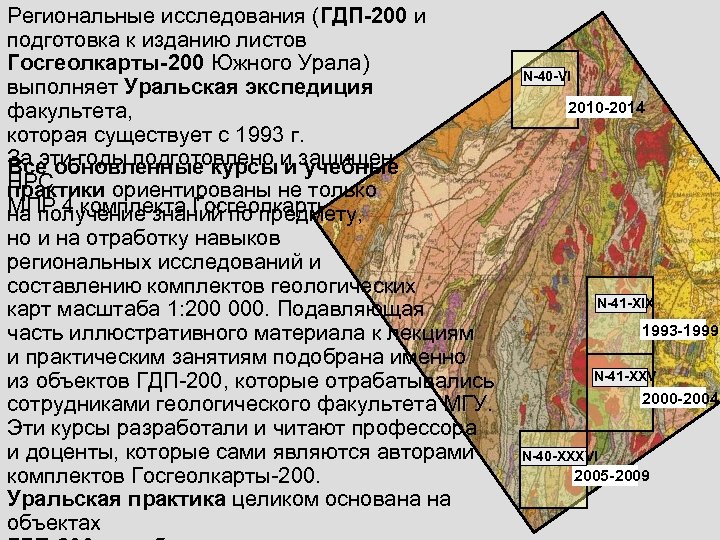Региональные исследования (ГДП-200 и подготовка к изданию листов Госгеолкарты-200 Южного Урала) выполняет Уральская экспедиция