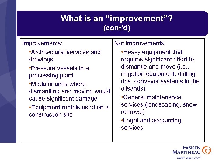 What is an “improvement”? (cont’d) Improvements: Not Improvements: • Architectural services and • Heavy
