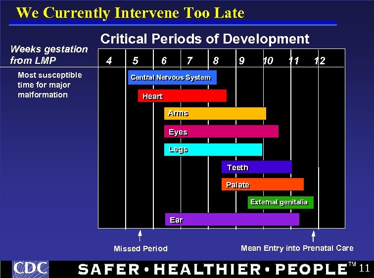 We Currently Intervene Too Late Weeks gestation from LMP Most susceptible time for major