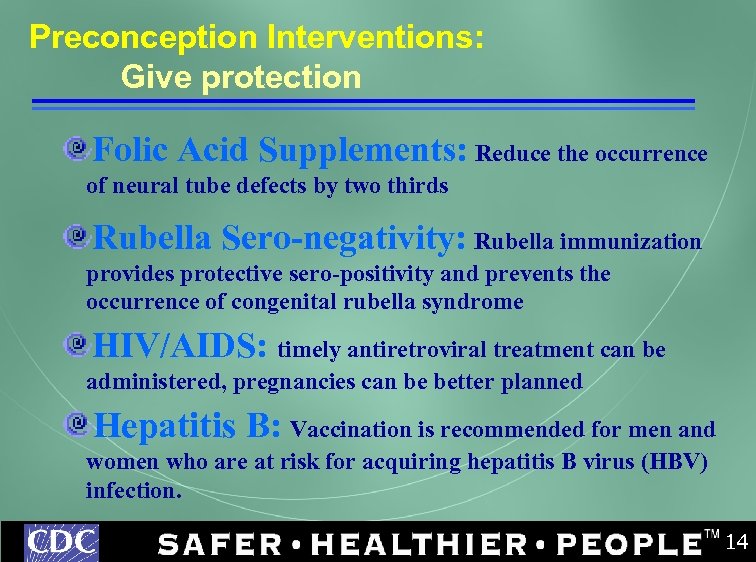 Preconception Interventions: Give protection Folic Acid Supplements: Reduce the occurrence of neural tube defects