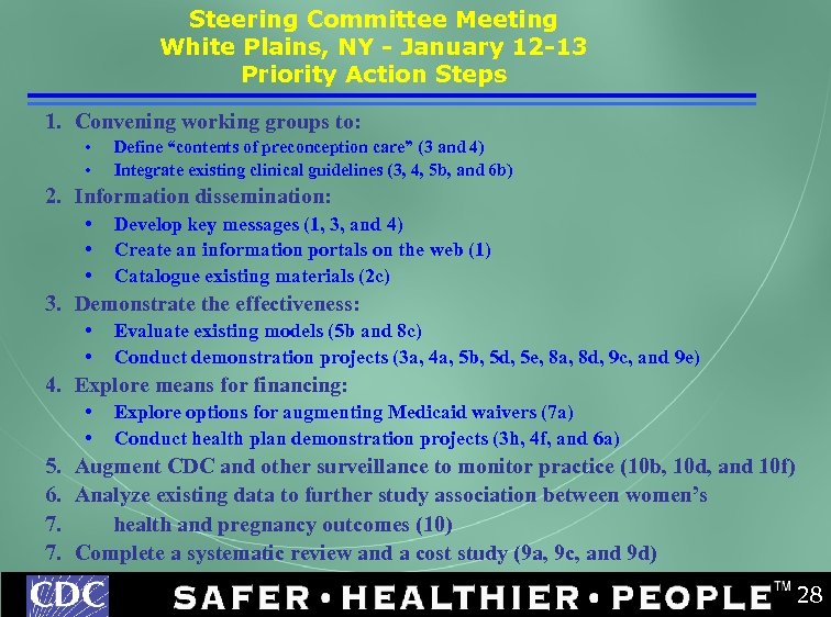 Steering Committee Meeting White Plains, NY - January 12 -13 Priority Action Steps 1.