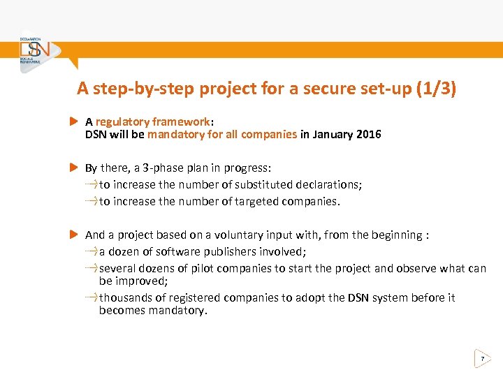A step-by-step project for a secure set-up (1/3) A regulatory framework: DSN will be