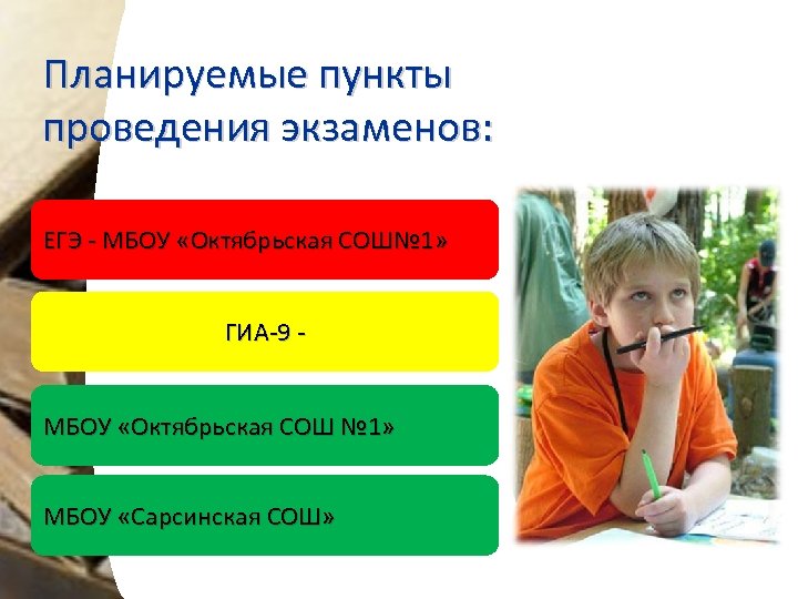 Планируемые пункты проведения экзаменов: ЕГЭ - МБОУ «Октябрьская СОШ№ 1» ГИА-9 МБОУ «Октябрьская СОШ