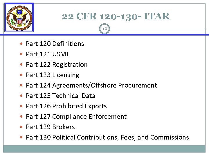 22 CFR 120 -130 - ITAR 10 Part 120 Definitions Part 121 USML Part