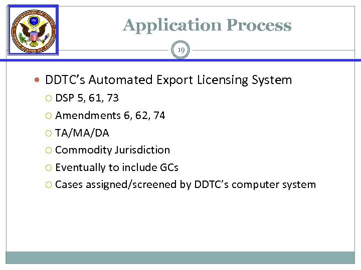 Application Process 19 DDTC’s Automated Export Licensing System DSP 5, 61, 73 Amendments 6,