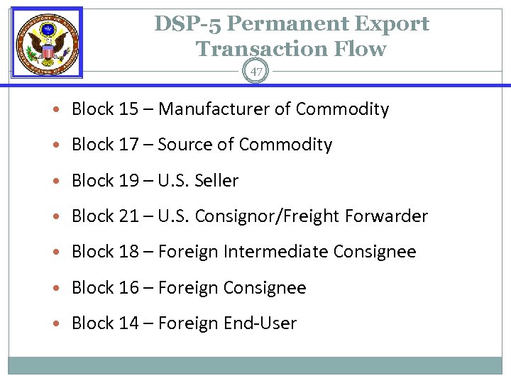 DSP-5 Permanent Export Transaction Flow 47 • Block 15 – Manufacturer of Commodity •