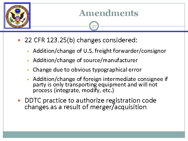 Amendments 57 • 22 CFR 123. 25(b) changes considered: • • Addition/change of U.