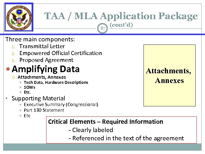 TAA / MLA Application Package 87 (cont’d) Three main components: 1. 2. 3. Transmittal