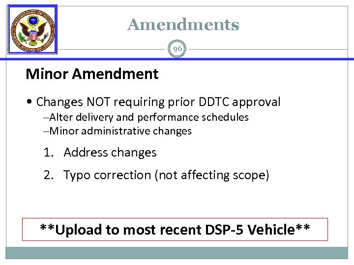 Amendments 96 Minor Amendment • Changes NOT requiring prior DDTC approval –Alter delivery and