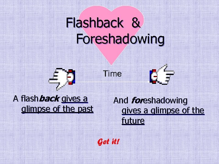 Flashback & Foreshadowing Time A flashback gives a glimpse of the past And foreshadowing