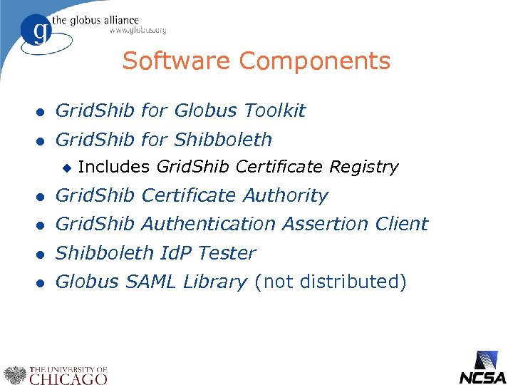 Software Components l Grid. Shib for Globus Toolkit l Grid. Shib for Shibboleth u