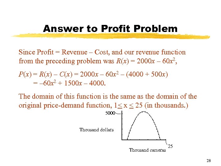 Answer to Profit Problem Since Profit = Revenue – Cost, and our revenue function