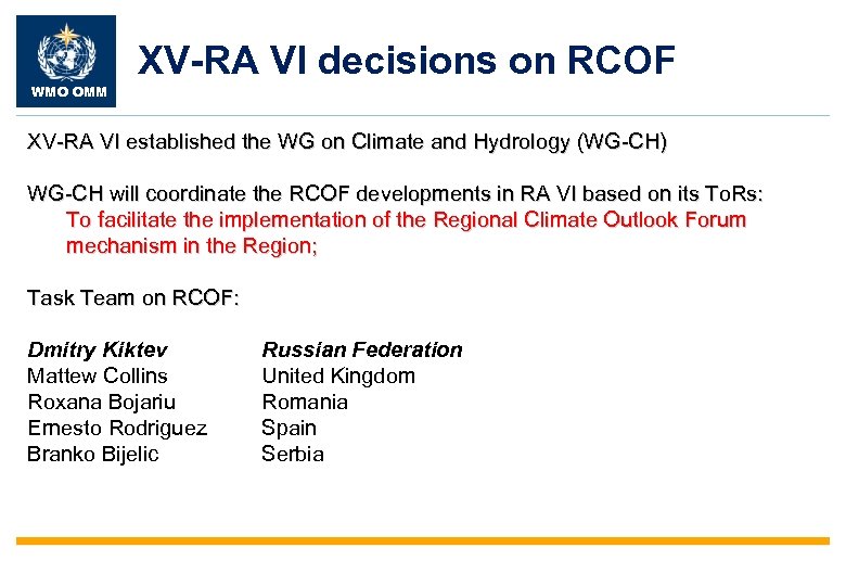 XV-RA VI decisions on RCOF WMO OMM XV-RA VI established the WG on Climate