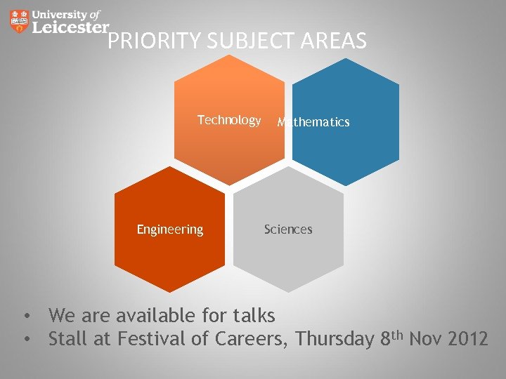 PRIORITY SUBJECT AREAS Technology Engineering Mathematics Sciences • We are available for talks •