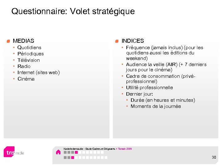 Questionnaire: Volet stratégique MEDIAS INDICES • • Fréquence (jamais inclus) (pour les quotidiens aussi