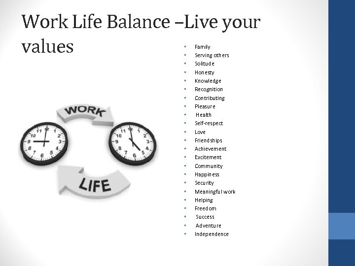 Work Life Balance –Live your values • • • • • • Family Serving