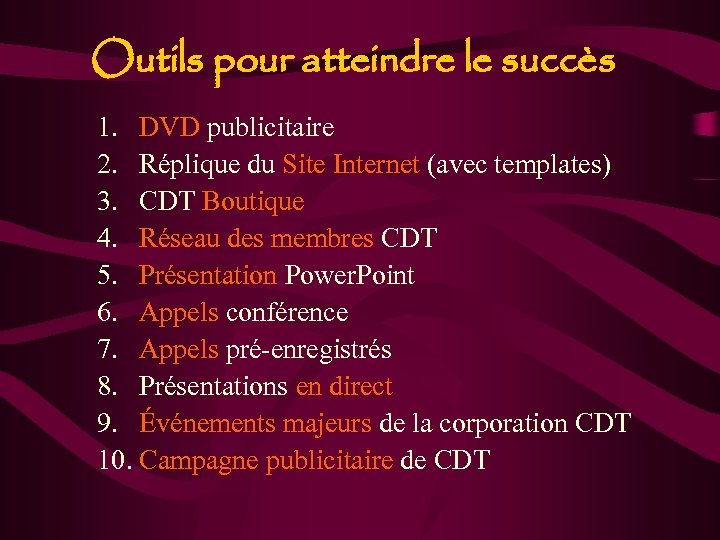 Outils pour atteindre le succès 1. DVD publicitaire 2. Réplique du Site Internet (avec