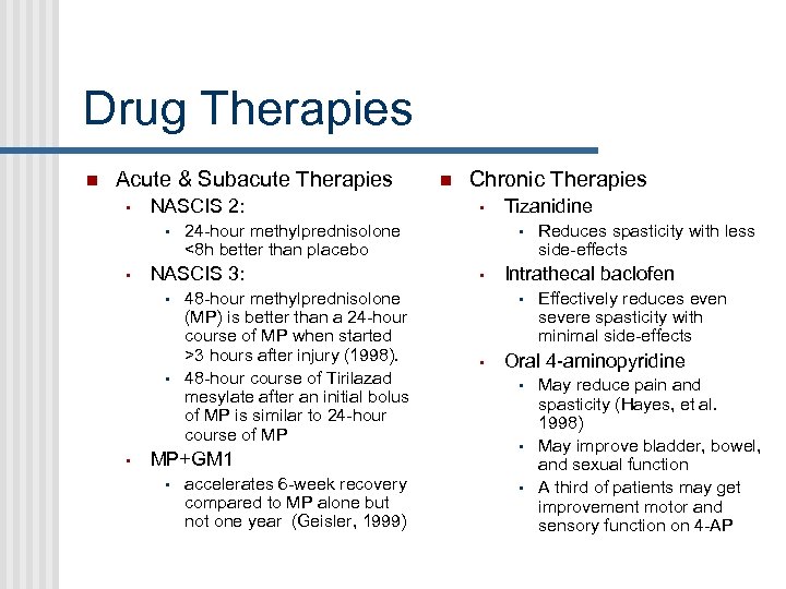 Drug Therapies Acute & Subacute Therapies • NASCIS 2: • • 48 -hour methylprednisolone