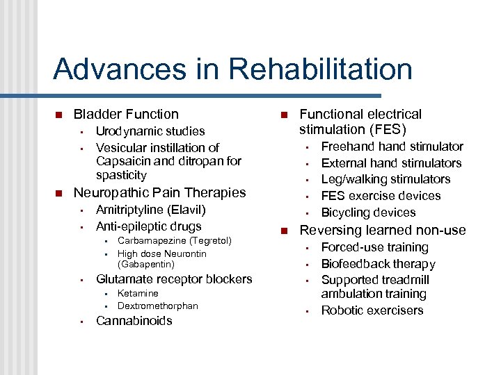 Advances in Rehabilitation Bladder Function • • Urodynamic studies Vesicular instillation of Capsaicin and