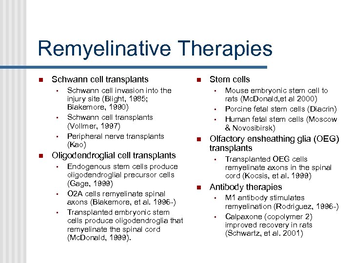Remyelinative Therapies Schwann cell transplants • • • Schwann cell invasion into the injury