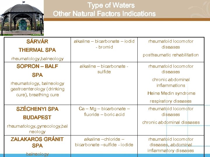 Type of Waters Other Natural Factors Indications SÁRVÁR THERMAL SPA alkaline – bicarbonate –