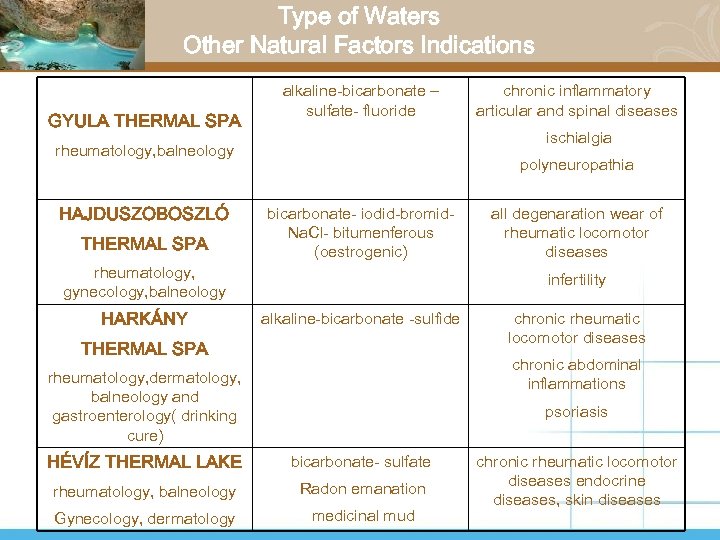 Type of Waters Other Natural Factors Indications GYULA THERMAL SPA alkaline-bicarbonate – sulfate- fluoride