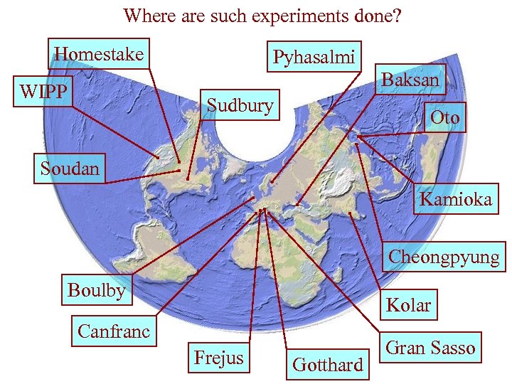 Where are such experiments done? Homestake Pyhasalmi Baksan WIPP Sudbury Oto Soudan Kamioka Cheongpyung
