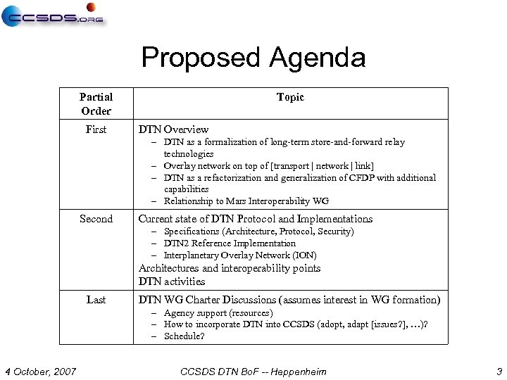 Proposed Agenda Partial Order First Topic DTN Overview – DTN as a formalization of