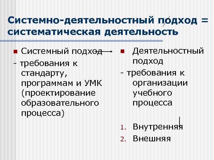 Системно-деятельностный подход = систематическая деятельность Системный подход - требования к стандарту, программам и УМК