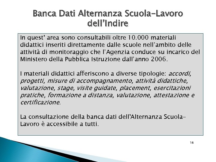 Banca Dati Alternanza Scuola-Lavoro dell’Indire In quest' area sono consultabili oltre 10. 000 materiali