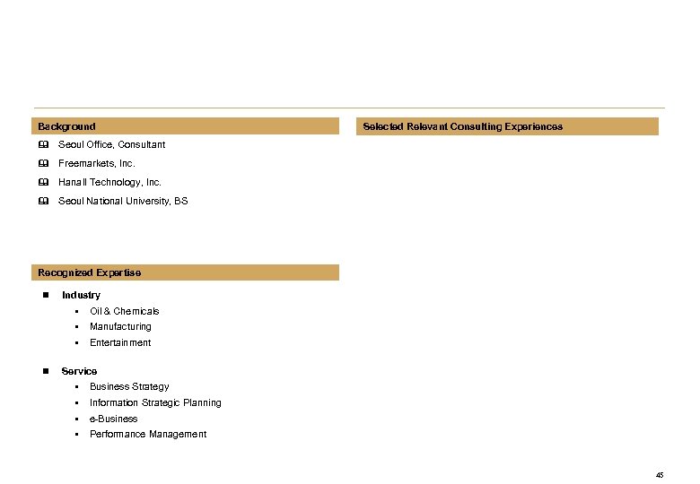 Background Selected Relevant Consulting Experiences & Seoul Office, Consultant & Freemarkets, Inc. & Hanall