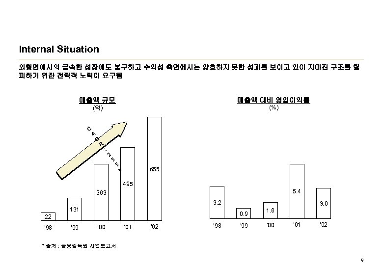 Internal Situation 외형면에서의 급속한 성장에도 불구하고 수익성 측면에서는 양호하지 못한 성과를 보이고 있어 저마진