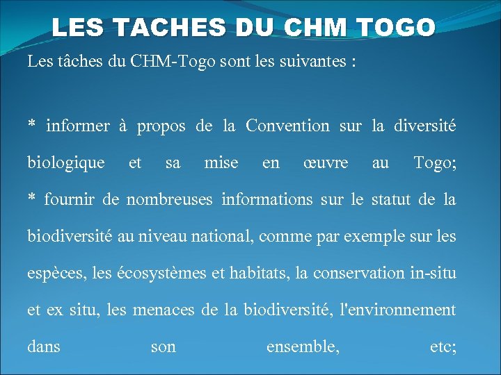 LES TACHES DU CHM TOGO Les tâches du CHM-Togo sont les suivantes : *