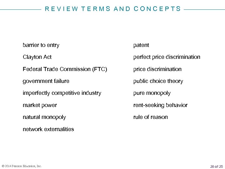 REVIEW TERMS AND CONCEPTS barrier to entry patent Clayton Act perfect price discrimination Federal