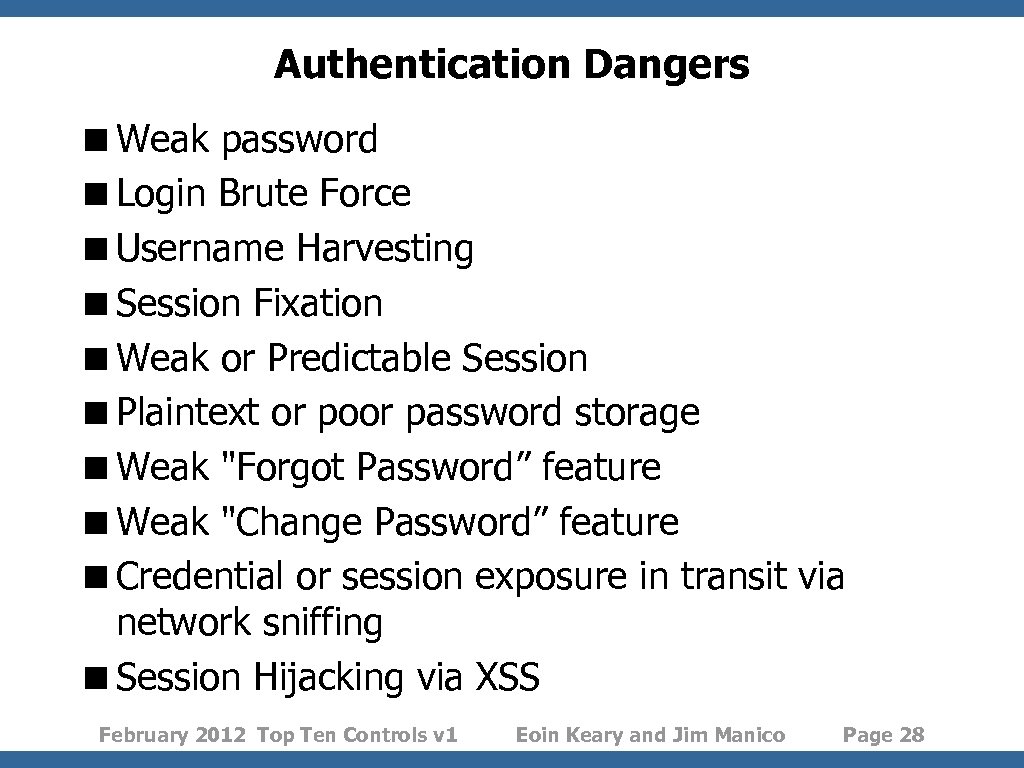 Authentication Dangers <Weak password <Login Brute Force <Username Harvesting <Session Fixation <Weak or Predictable