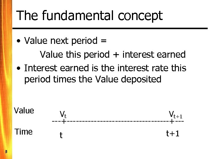 The fundamental concept • Value next period = Value this period + interest earned