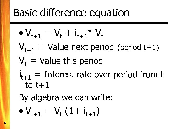 Basic difference equation • Vt+1 = Vt + it+1* Vt Vt+1 = Value next