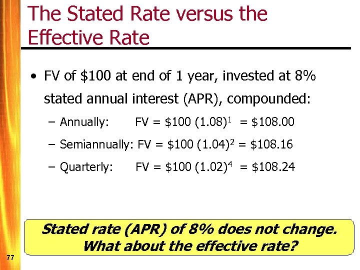 The Stated Rate versus the Effective Rate • FV of $100 at end of