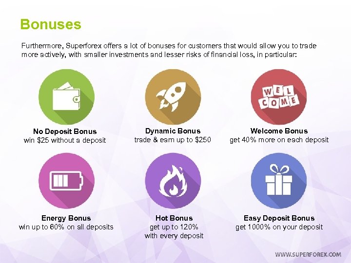 Bonuses Furthermore, Superforex offers a lot of bonuses for customers that would allow you