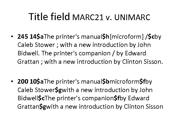 Title field MARC 21 v. UNIMARC • 245 14$a. The printer's manual$h[microform] /$cby Caleb