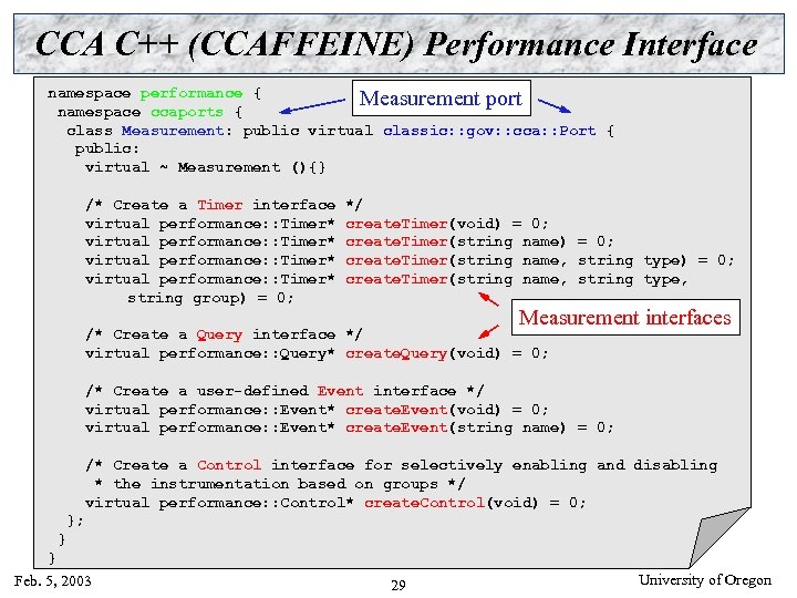 CCA C++ (CCAFFEINE) Performance Interface namespace performance { Measurement port namespace ccaports { class