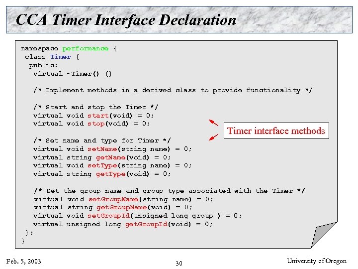 CCA Timer Interface Declaration namespace performance { class Timer { public: virtual ~Timer() {}