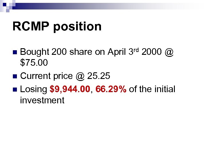 RCMP position Bought 200 share on April 3 rd 2000 @ $75. 00 n