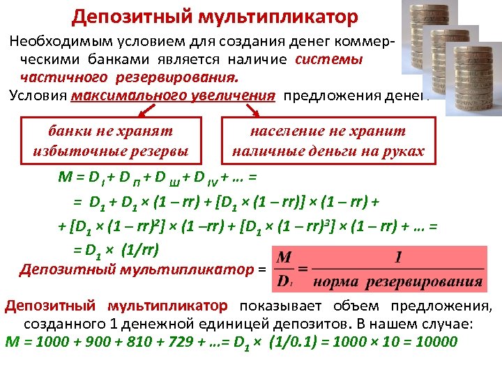 Депозитный мультипликатор Необходимым условием для создания денег коммерческими банками является наличие системы частичного резервирования.