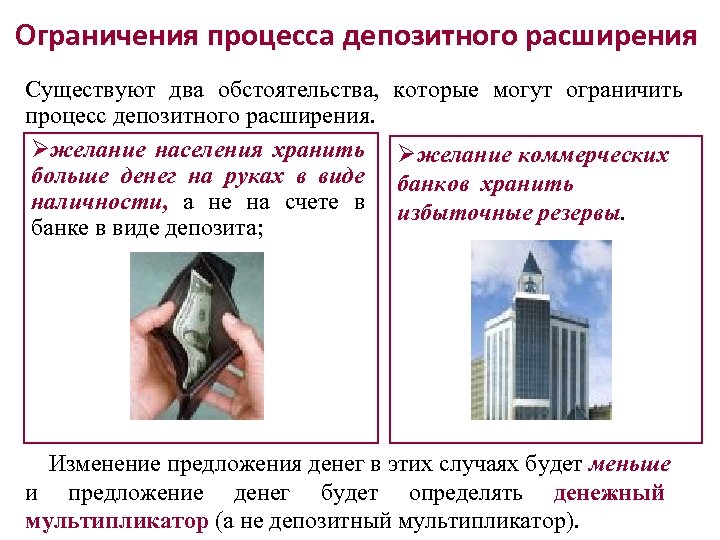 Ограничения процесса депозитного расширения Существуют два обстоятельства, процесс депозитного расширения. Øжелание населения хранить больше